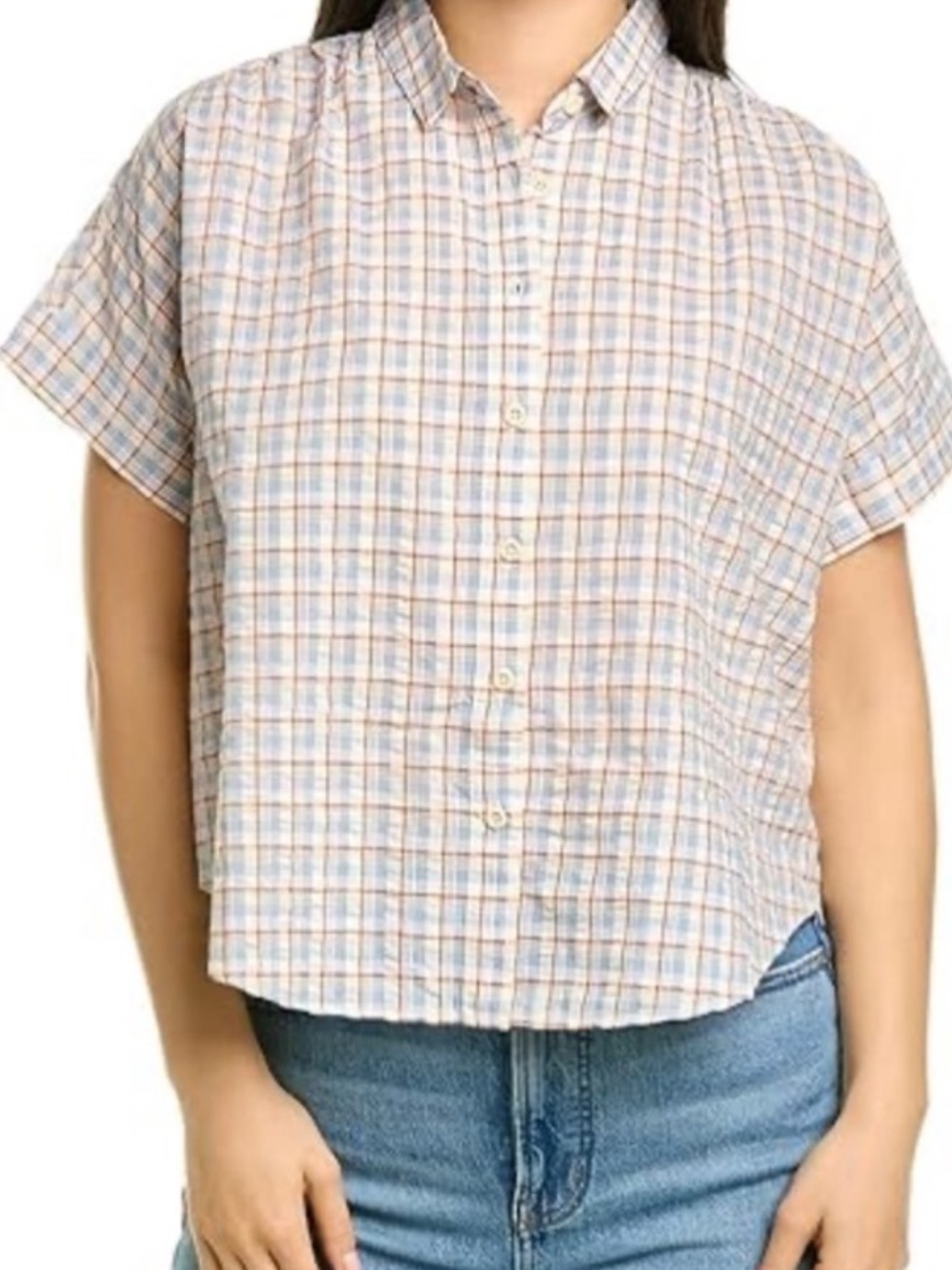 Madewell Hilltop Shirt in July Small Plaid size L seersucker cotton cropped